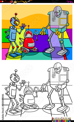 funny robot characters group coloring book