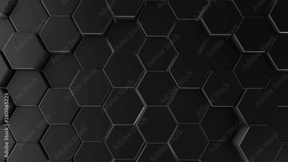 Abstract hexagon geometry background. 3d render of simple primitives with six angles in front. Dark lighting. Loopable sequence Abstract hexagon geometry background. 3d render of simple primitives with six angles in front. Dark lighting. Loopable sequence
