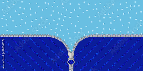 Bright blue glitter striped on pale light background. Themed little man party. Open vector zipper with sparkle lock. Navy dark template with dots pattern. Blank banner space for text, pictures, logo