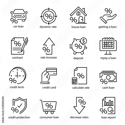 Credit and loan icon set, investment and budget art