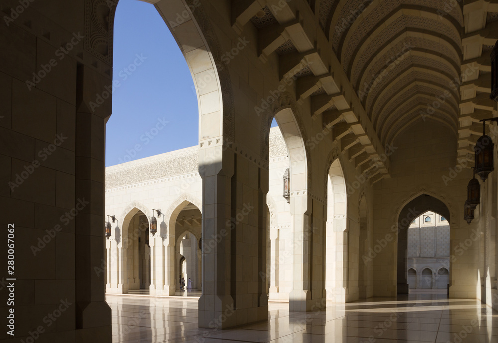 Muscat, Oman - July 16, 2019: Sultan Qaboos Grand Mosque gallery.