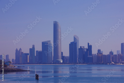 Abu Dhabi skyscrapers city landscape view in blue colours  UAE