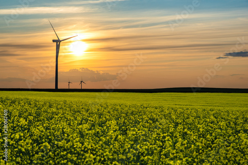 Sunset over wind turbines on the prairies in Saskatchewan, Canada
