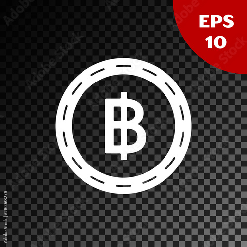 White Cryptocurrency coin Bitcoin icon isolated on transparent dark background. Blockchain technology, bitcoin, digital money market, cryptocoin wallet. Vector Illustration