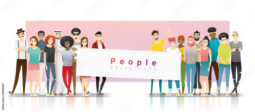 Diversity concept background , group of happy multi ethnic people standing  together and holding empty banner , vector , illustration Stock Vector |  Adobe Stock