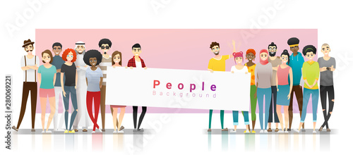 Diversity concept background , group of happy multi ethnic people standing together and holding empty banner , vector , illustration