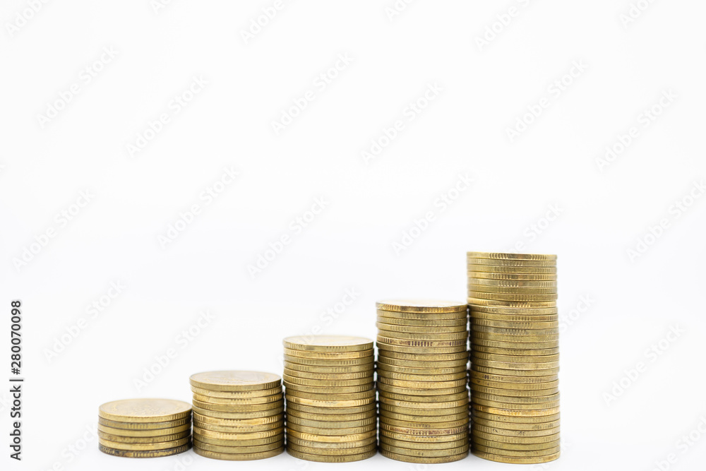 Money, Financial, Secure and saving concept. Close up of stack of used gold coins on white background and copy space Money, Financial, Secure and saving concept. Close up of stack of used gold coins on white background and copy space