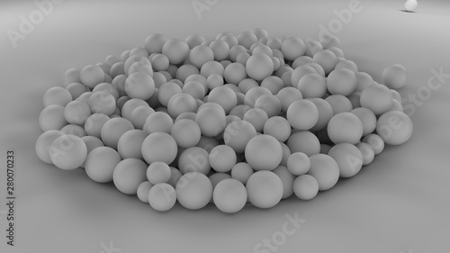 Fototapeta Naklejka Na Ścianę i Meble -  3D image of many white balls of different sizes in one big pile on a white surface. All objects in the scene are the same color, monocolor. 3D rendering, background, abstract for your desktop.