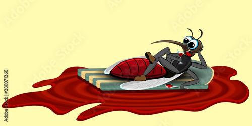 Mosquito, relaxing on an inflatable mattress in a pool of blood