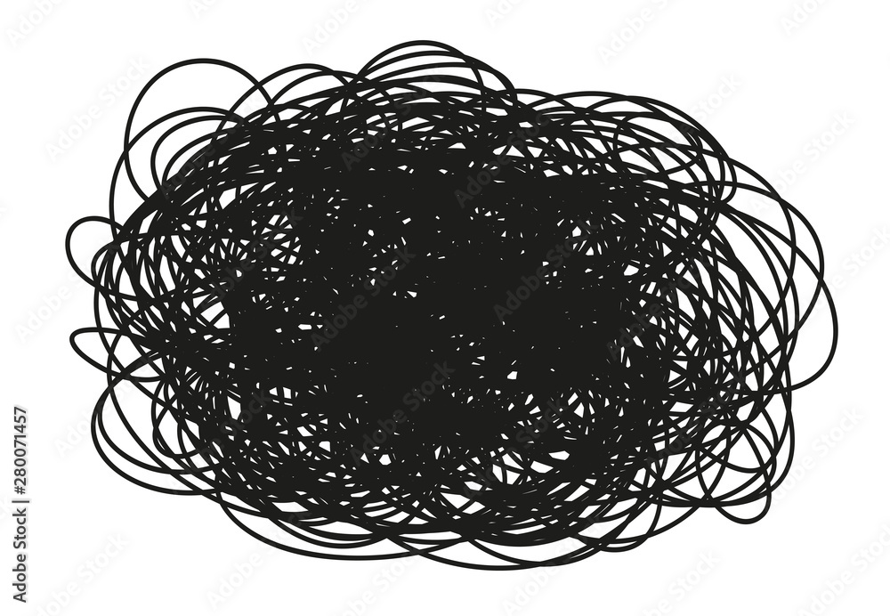 Tangled shape on white. Hand drawn hatching dinamic lines. Black and white illustration Tangled shape on white. Hand drawn hatching dinamic lines. Black and white illustration