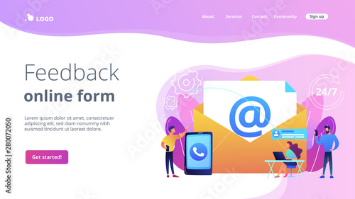 Email marketing, Internet chatting, 24 hours support. Get in touch, initiate contact, contact us, feedback online form, talk to customers concept. Website homepage landing web page template.