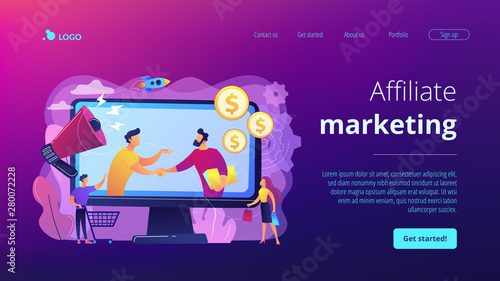 Profitable partnership, business partners cowork. Affiliate marketing, cost effective marketing solution, affiliate marketing management concept. Website homepage landing web page template.