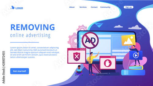 Programmer developing anti virus program. Banned Internet content. Ad blocking software, removing online advertising, ad filtering tools concept. Website homepage landing web page template.