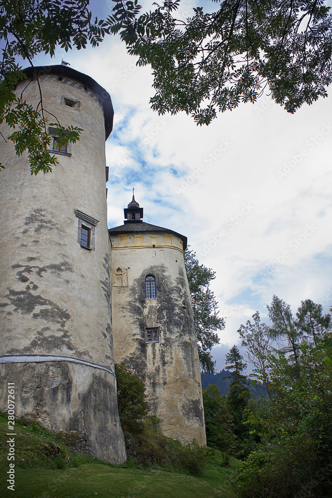 towers of the ancient castle Dunajec in Nedzice, Poland. Sights of Europe.