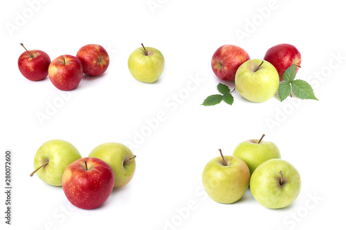 Set of red apples on a white background. Juicy apples of red color with yellow specks on a white background. The composition of juicy red apples