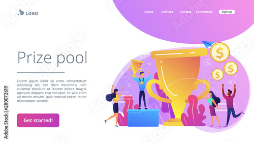 Competition winner holding golden trophy and medal. Leadership and achievement. Prize pool, prize money distribution, tournament main prize concept. Website homepage landing web page template.