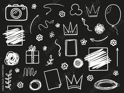 Hand drawn abstract geometric shapes on black. Grungy signs with array of lines. Black and white illustration. Sketchy elements for design