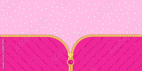 Bright pink glittered striped on light background for themed lol doll party. Open vector yellow zipper and cute lock. Rose baby birth backdrop template with dots. Blank red banner text space invite