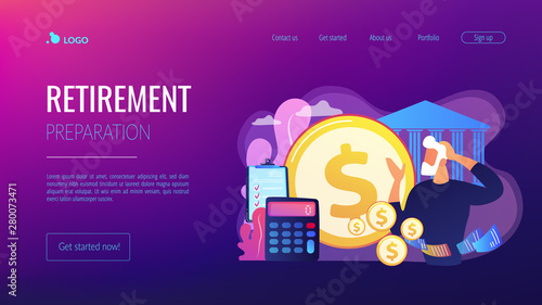 Earnings fund, budget calculating, social security. Retirement preparation, financial savings of retirees, pension saving planning concept. Website homepage landing web page template.