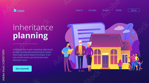 Property insurance, testament signing, house buying. Retirement estate planning, inheritance planning, financial advisor and lawyer services concept. Website homepage landing web page template.