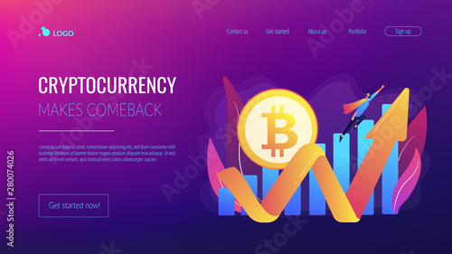 Virtual money capitalization rise. Blockchain technology. Cryptocurrency makes comeback, bitcoin price back, cryptocurrency market growth concept. Website homepage landing web page template.