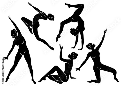 Collection. Silhouette of slender lady. Girl gymnast. The woman is flexible and graceful. She is jumping. Graphic image. Vector illustration set