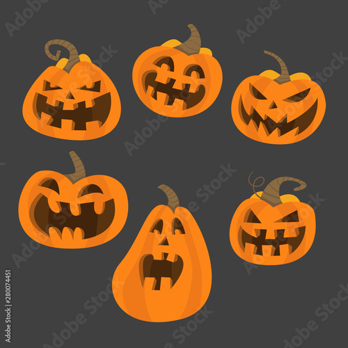Set of Halloween scary pumpkins. Flat style vector spooky creepy pumpkins - Vector