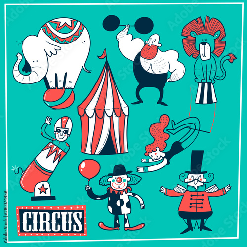 Collection of circus tent and funny show performers - clown, strongman, acrobats, trapeze artist. vector illustration in cartoon style.