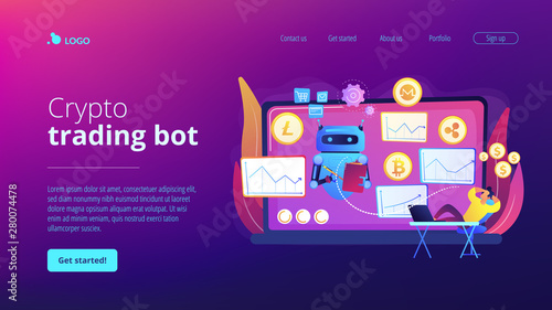 Cryptocurrency mining software, artificial intelligence for e business. Crypto trading bot, automated AI tradings, best bitcoin trading bot concept. Website homepage landing web page template.