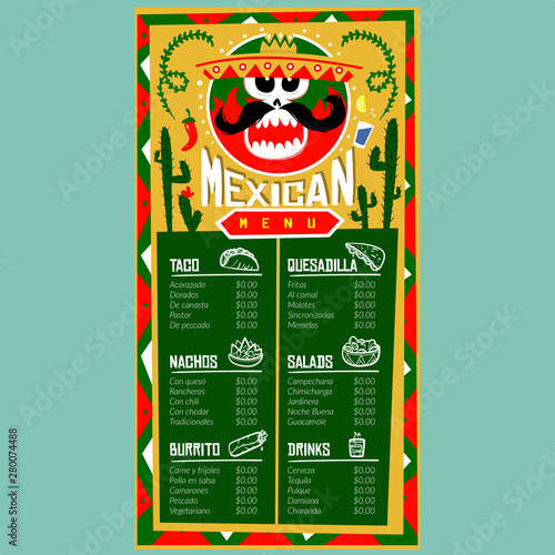 Mexican menu for restaurant and cafe. Design template with food hand-drawn graphic illustrations. - Vector