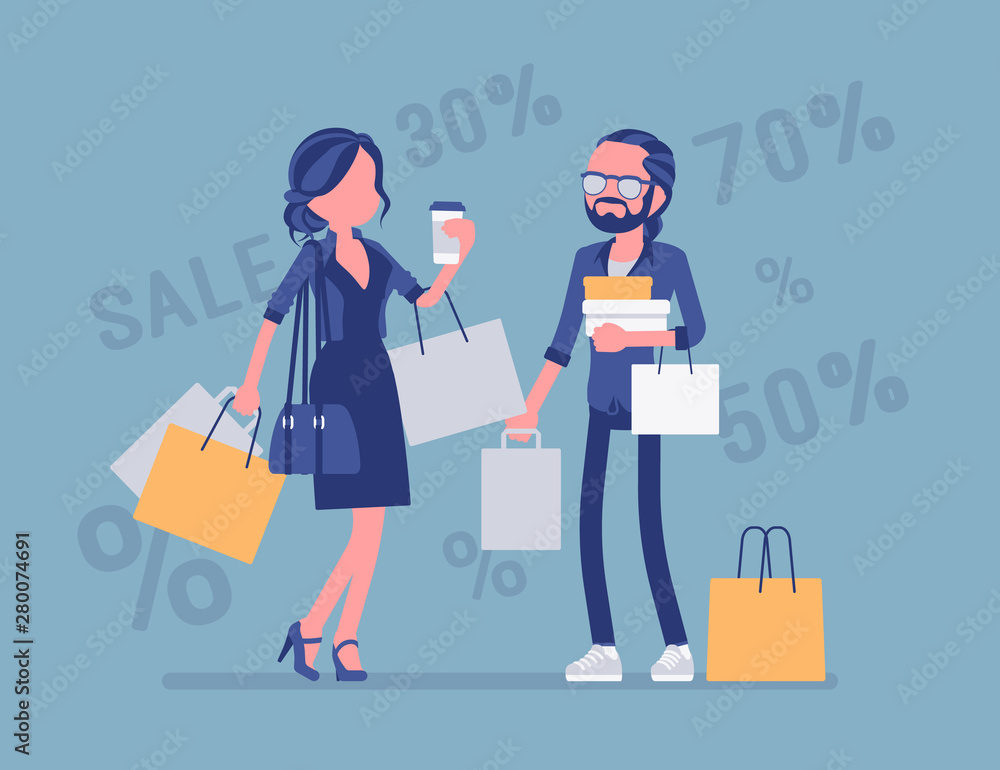 Sale for happy couple. Man and woman enjoy shopping together, buying goods at lower price, consumers getting a good bargain. Vector illustration with faceless character, discount percentage background