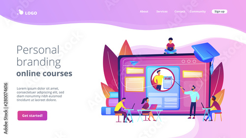 Marketing students create corporate identity. Personal branding course, strategic self-marketing education, personal branding online courses concept. Website homepage landing web page template.