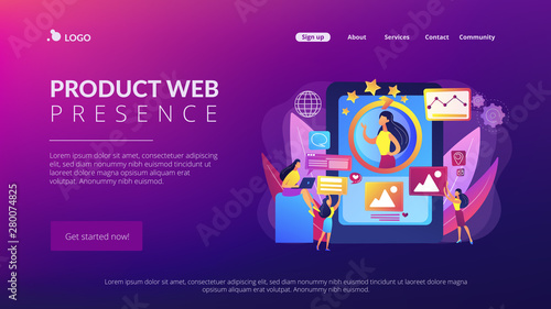 PR managers team working, personal development. Online identity management, digital Identity management, product web presence concept. Website homepage landing web page template.