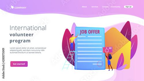 Successful business deal. Employee hiring, recruiting service. Job offer letter, international volunteer program, permanent contract concept. Website homepage landing web page template.