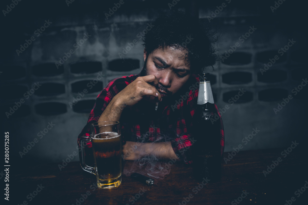 Asian Man Drinking Beer And Smoking Alone At Home On Night Time Thailand People Stress Man Drunk Concept Stock Photo Adobe Stock