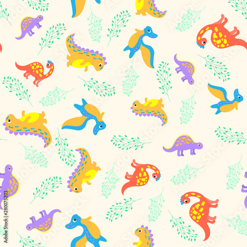 Vintage with dinosaur for fabric design. Seamless floral background pattern. Vector illustration art. Summer tropical leaf. Fabric wallpaper print texture. Vintage background pattern seamless.