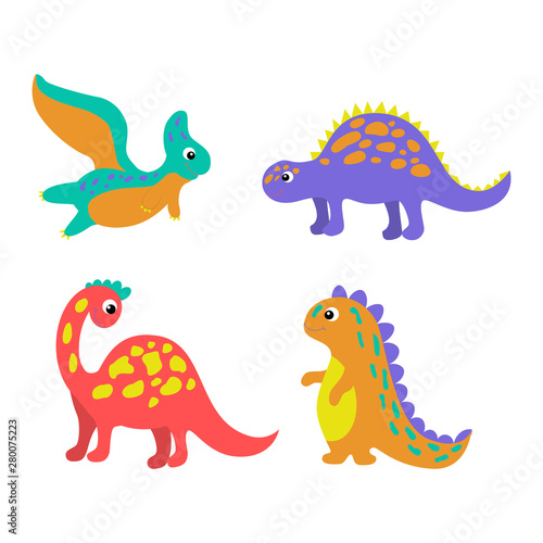 Set of colorful dinosaurs in beautiful style on white background. Cute cartoon dino design. Happy smile set vector. Internet concept. Cartoon style  flat isolated vector. Cute character design.