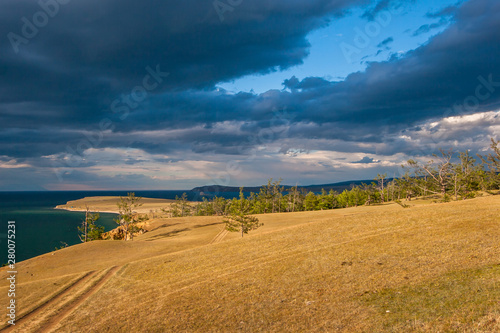 Landscape steppe with forest and Lake Baikal in cloudy weather with the sun. In the sky clouds. Yellow grass on the ground with blue sky. Coniferous green trees.
