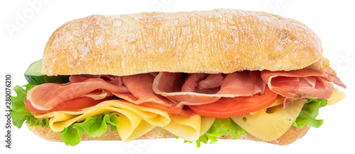 Ciabatta sandwich with lettuce, tomatoes prosciutto and cheese isolated on white background