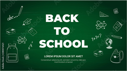 Back to school banner on green board background. Shopping sale, promo poster, card, wallpaper, flyer, discount, shop, market, special offer.  Ad concept. Vector illustration
