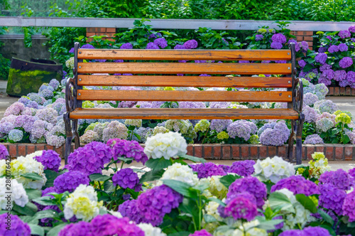 Colorful gardens and lounge chairs in the garden