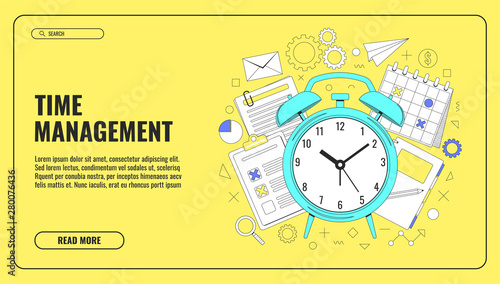Time management concept illustration, organization, working time. Landing page template. Easy to repaint and adapt to your design. Vector illustration