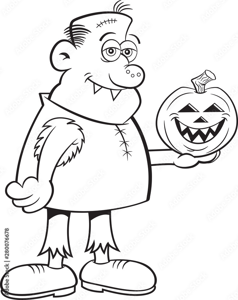 Black and white illustration of a gruesome character holding a jack o lantern pumpkin. Black and white illustration of a gruesome character holding a jack o lantern pumpkin.