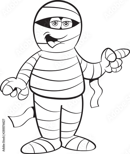 Black and white illustration of a happy mummy pointing.