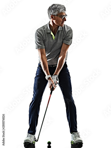 one caucasian senior man golfer golfing in studio shadow silhouette isolated on white background