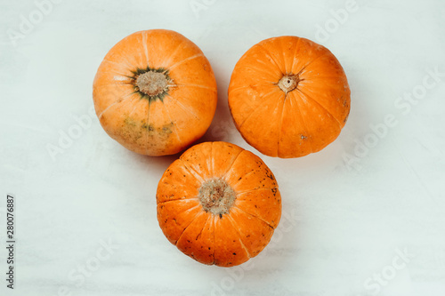 top view three pumpkins on a white background