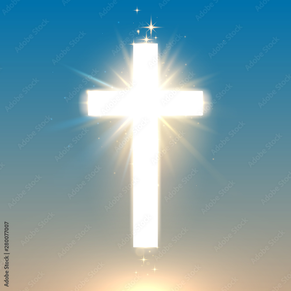 Shining white cross on blue background