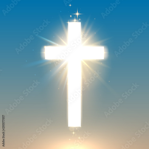 Shining white cross on blue background