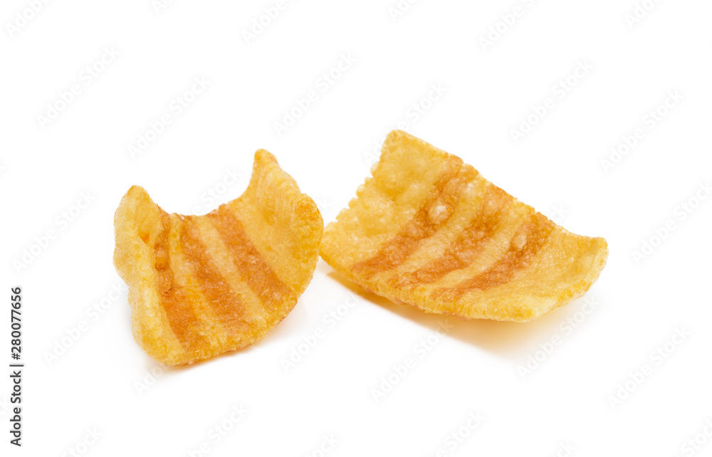 Fried wheat potato snack with smoked bacon flavor isolated on white background Fried wheat potato snack with smoked bacon flavor isolated on white background
