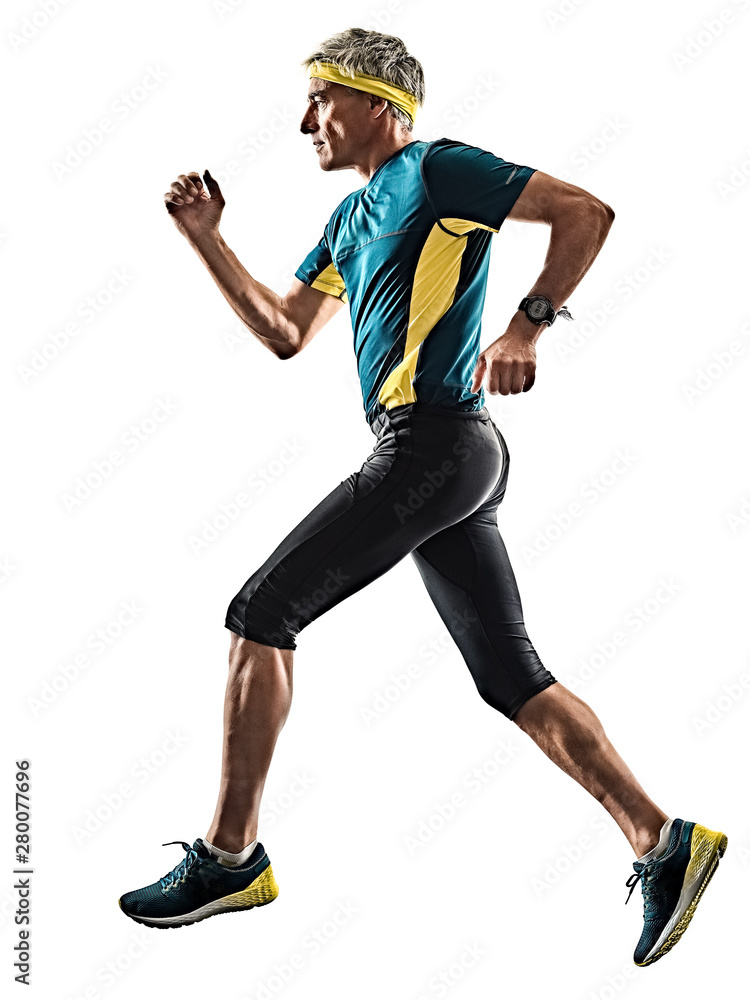 one caucasian senior man running runner jogger jogging in studio shadow silhouette isolated on white background one caucasian senior man running runner jogger jogging in studio shadow silhouette isolated on white background
